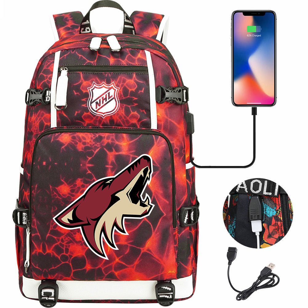 Arizona Coyotes Hockey League USB Charging Backpack School Notebook Travel Bags