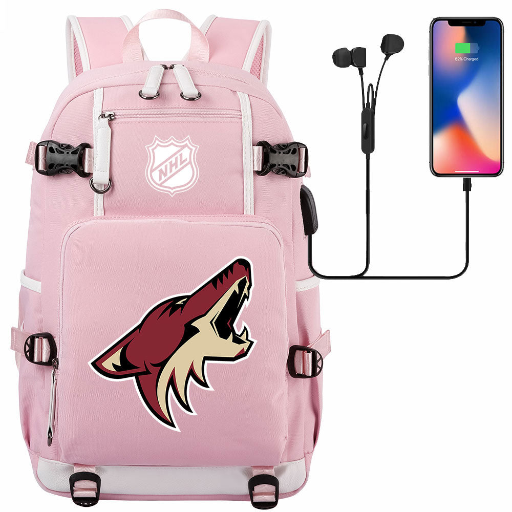 Arizona Coyotes Hockey League USB Charging Backpack School Notebook Travel Bags