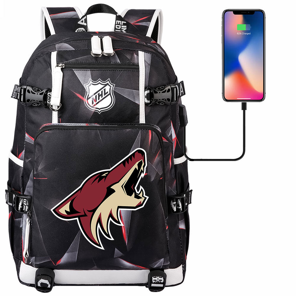 Arizona Coyotes Hockey League USB Charging Backpack School Notebook Travel Bags