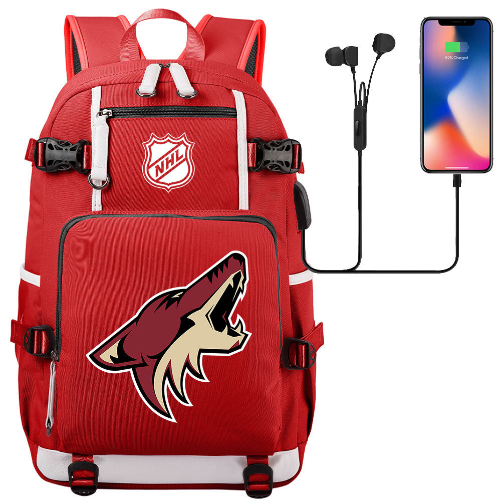 Arizona Coyotes Hockey League USB Charging Backpack School Notebook Travel Bags