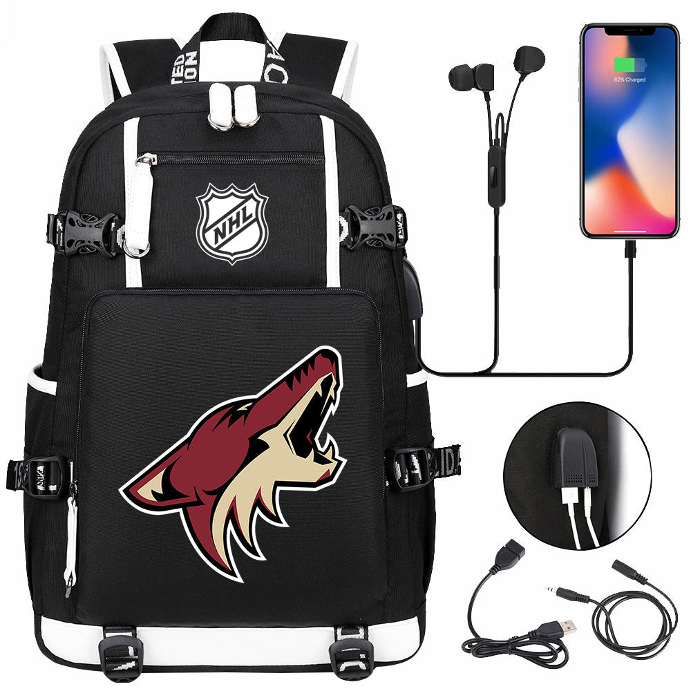 Arizona Coyotes Hockey League USB Charging Backpack School Notebook Travel Bags