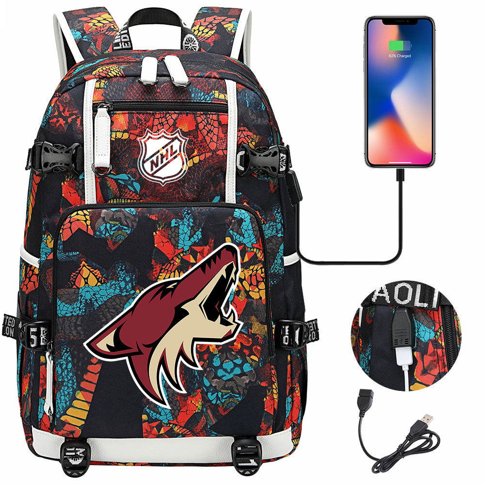 Arizona Coyotes Hockey League USB Charging Backpack School Notebook Travel Bags