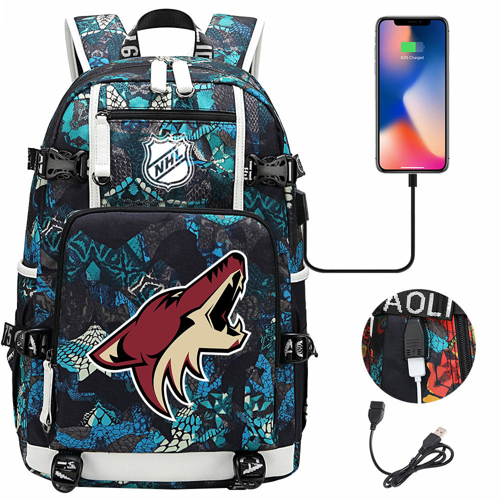 Arizona Coyotes Hockey League USB Charging Backpack School Notebook Travel Bags