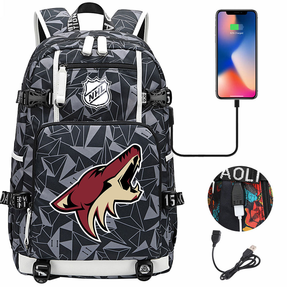 Arizona Coyotes Hockey League USB Charging Backpack School Notebook Travel Bags