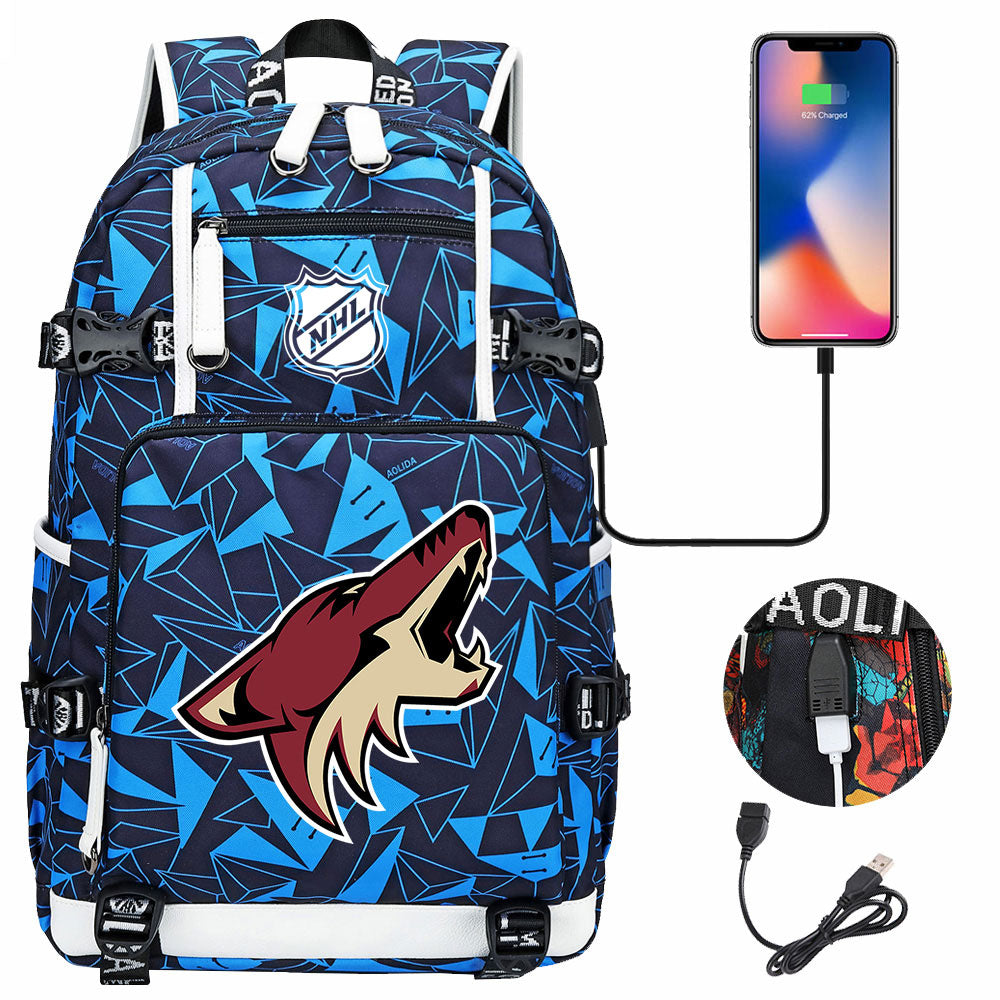 Arizona Coyotes Hockey League USB Charging Backpack School Notebook Travel Bags