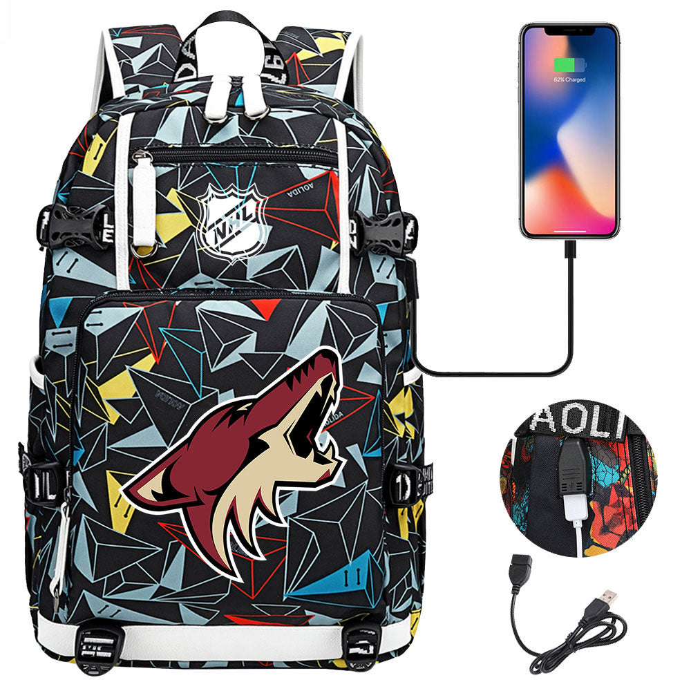 Arizona Coyotes Hockey League USB Charging Backpack School Notebook Travel Bags