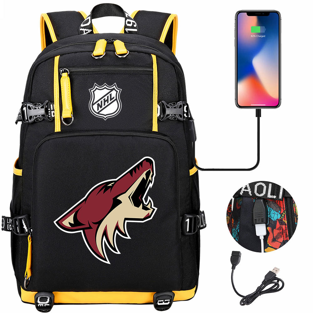 Arizona Coyotes Hockey League USB Charging Backpack School Notebook Travel Bags