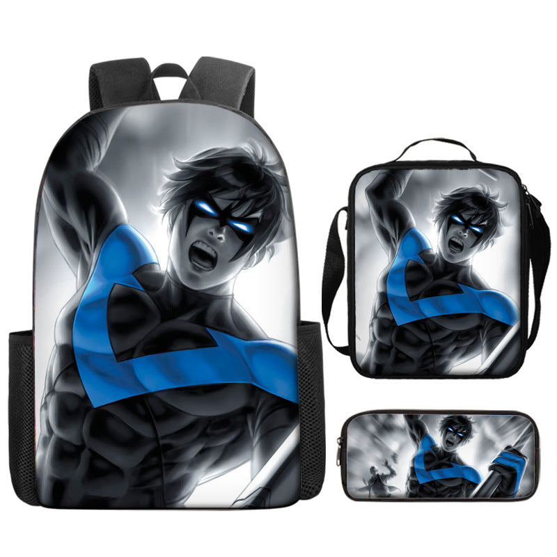 Nightwing Superhero Full Printed Backpack Schoolbag Travel Notebook Bag Lunch Bag Pencil Bag for Kids Students 3PCS