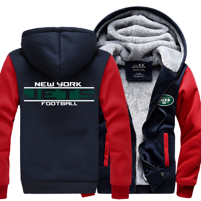 New York Football Team Jets Unisex Lined Hoodie Fleece Sweatshirt Full Zipper Hooded Thicken Jacket