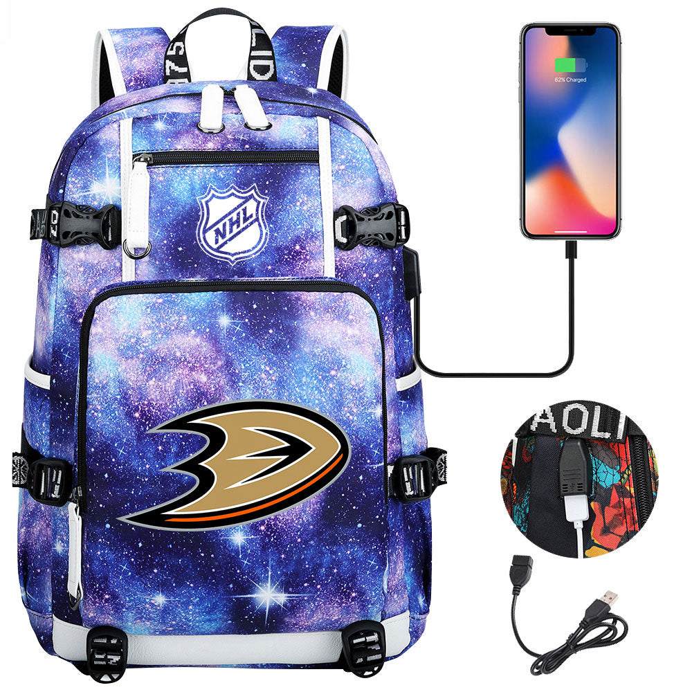 Anaheim Ducks Hockey League USB Charging Backpack School Notebook Travel Bags