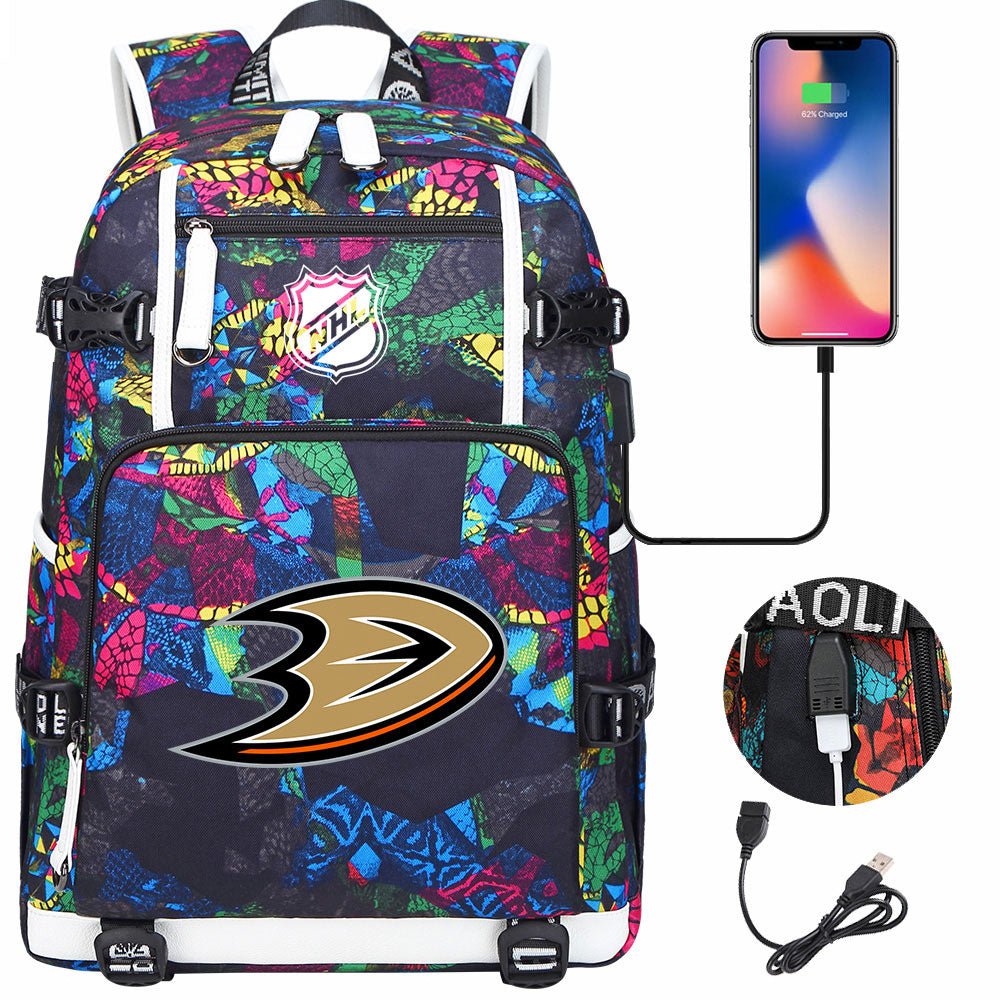 Anaheim Ducks Hockey League USB Charging Backpack School Notebook Travel Bags