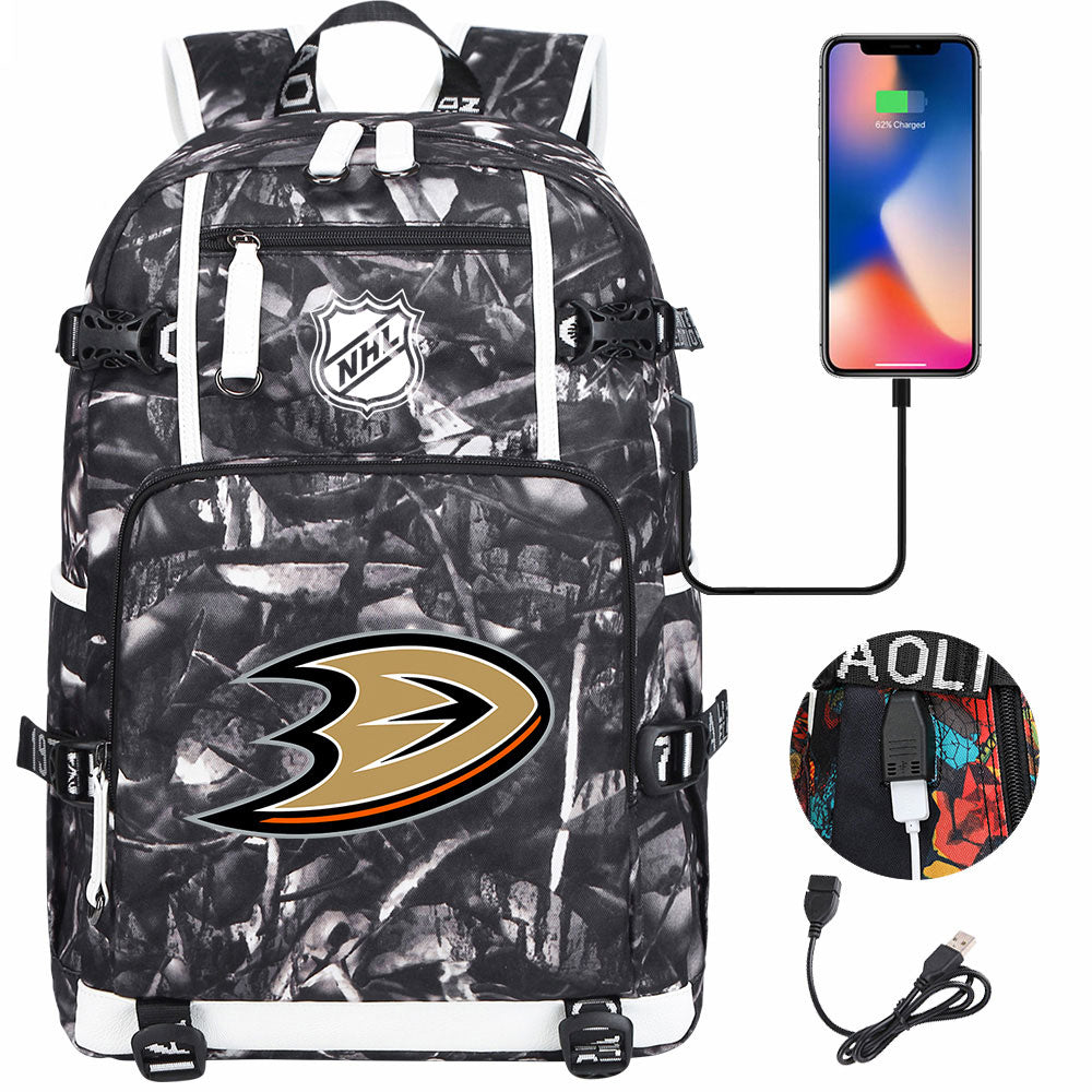 Anaheim Ducks Hockey League USB Charging Backpack School Notebook Travel Bags