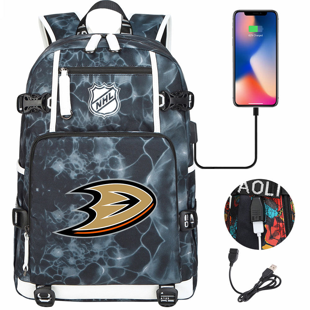 Anaheim Ducks Hockey League USB Charging Backpack School Notebook Travel Bags