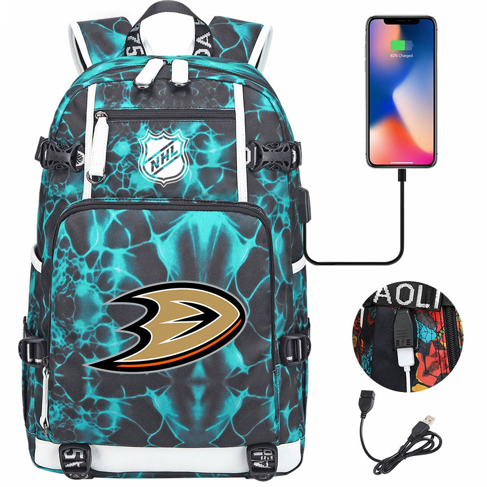 Anaheim Ducks Hockey League USB Charging Backpack School Notebook Travel Bags