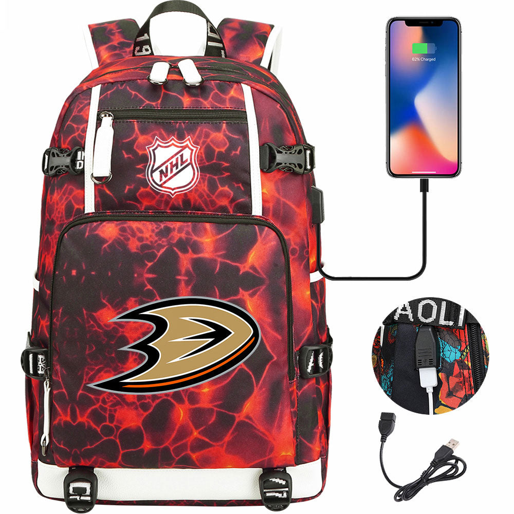 Anaheim Ducks Hockey League USB Charging Backpack School Notebook Travel Bags