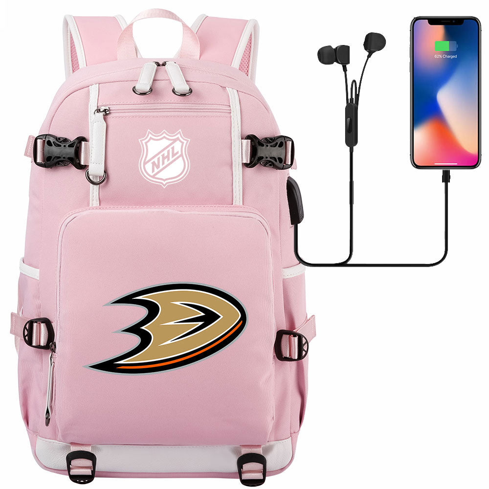 Anaheim Ducks Hockey League USB Charging Backpack School Notebook Travel Bags