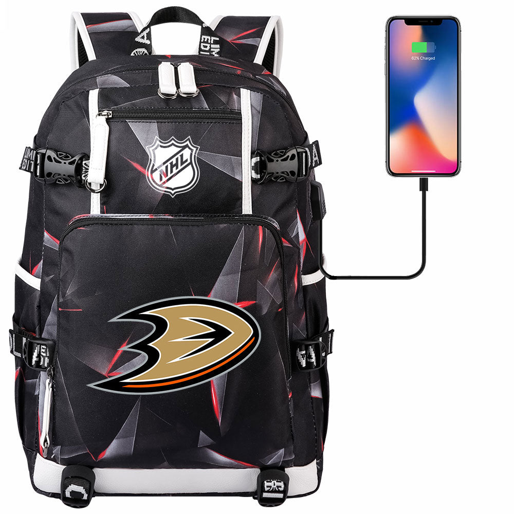 Anaheim Ducks Hockey League USB Charging Backpack School Notebook Travel Bags