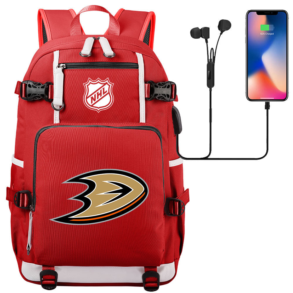 Anaheim Ducks Hockey League USB Charging Backpack School Notebook Travel Bags