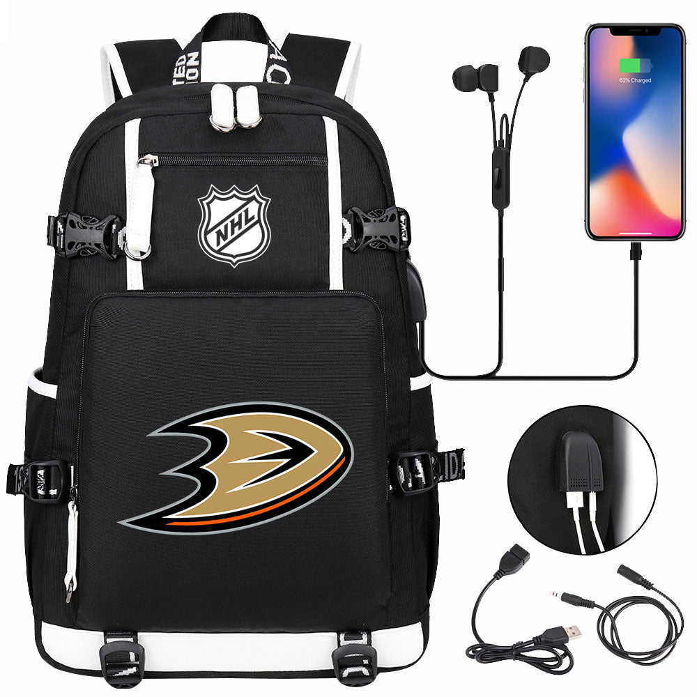 Anaheim Ducks Hockey League USB Charging Backpack School Notebook Travel Bags