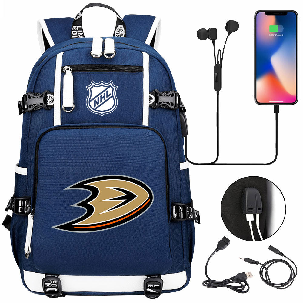 Anaheim Ducks Hockey League USB Charging Backpack School Notebook Travel Bags