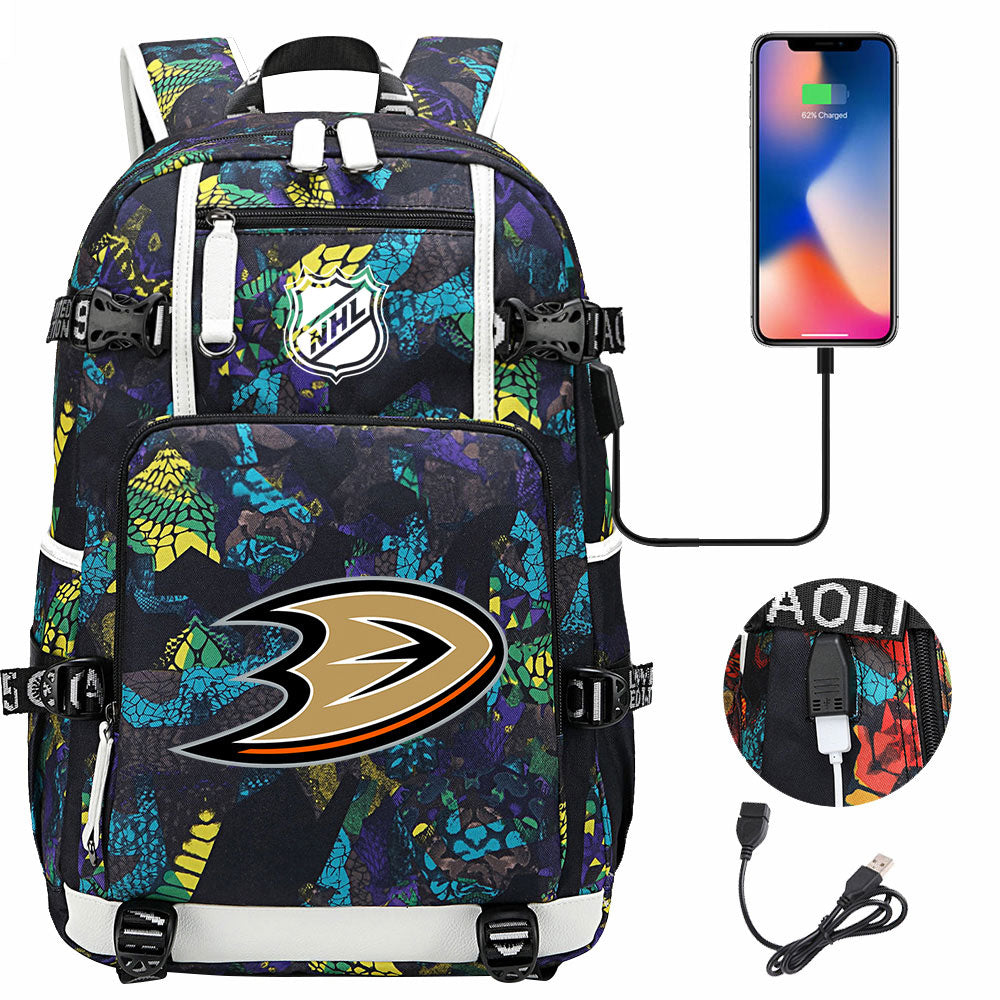 Anaheim Ducks Hockey League USB Charging Backpack School Notebook Travel Bags