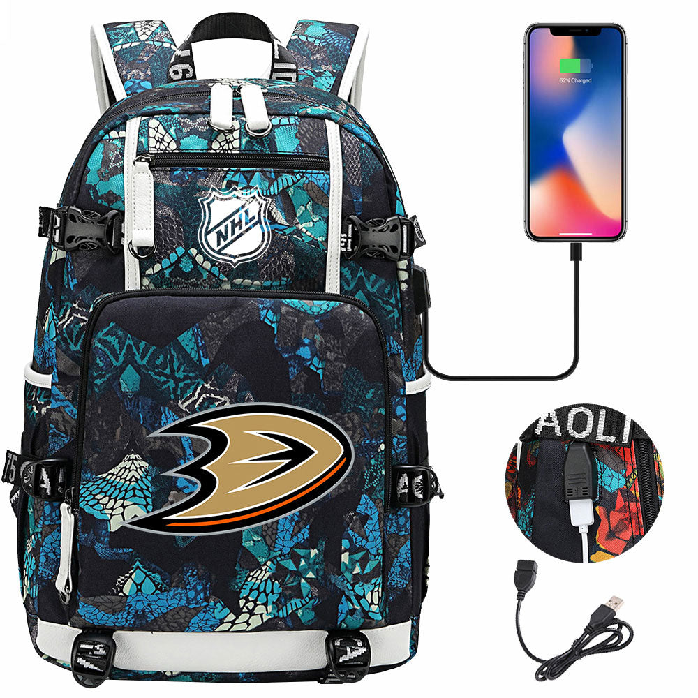 Anaheim Ducks Hockey League USB Charging Backpack School Notebook Travel Bags