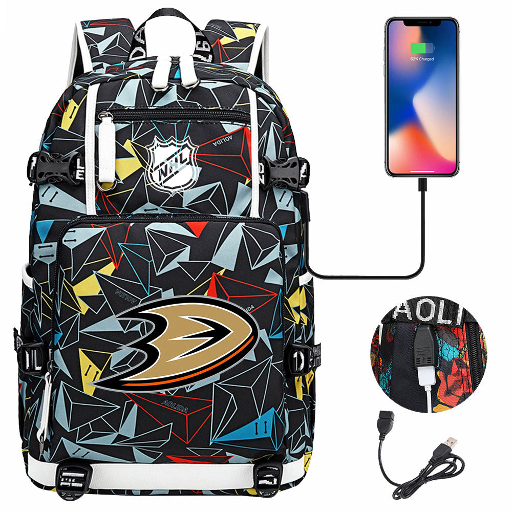 Anaheim Ducks Hockey League USB Charging Backpack School Notebook Travel Bags