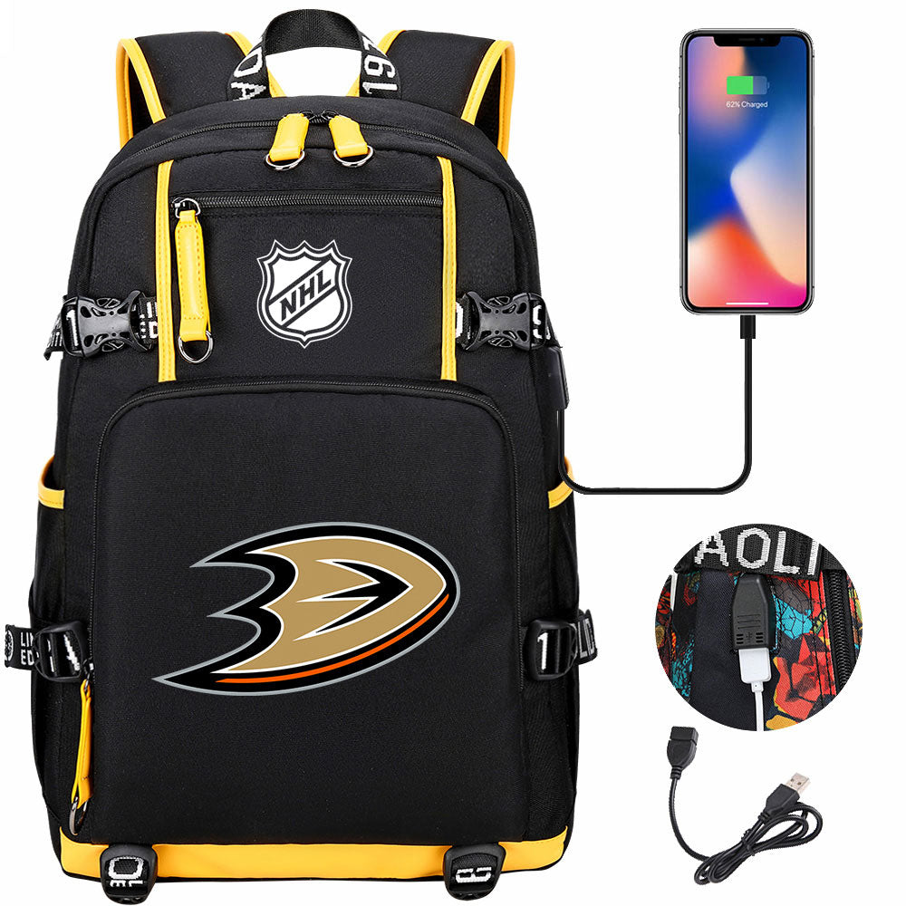 Anaheim Ducks Hockey League USB Charging Backpack School Notebook Travel Bags