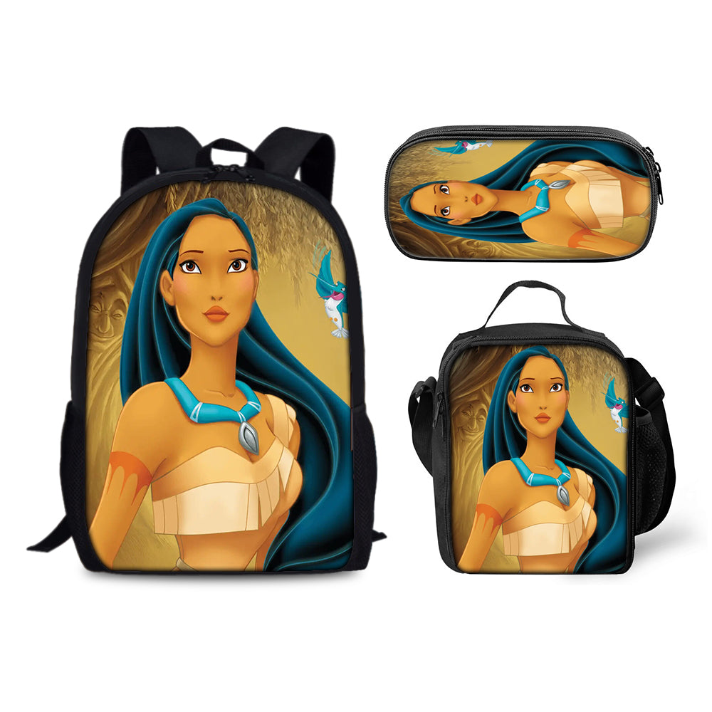 Pocahontas Backpack Schoolbag Lunch Bag Pencil Bag for Kids Students 3PCS