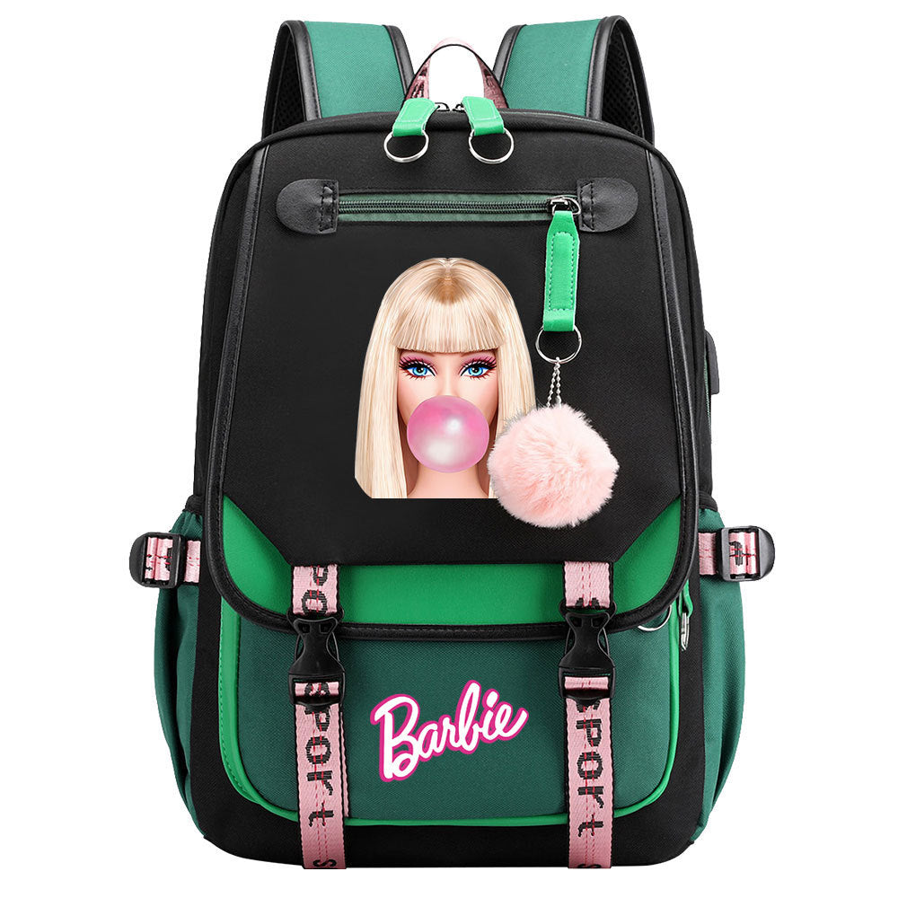 Pink Barbie  Waterproof Backpack School Notebook Travel Bags USB Charging