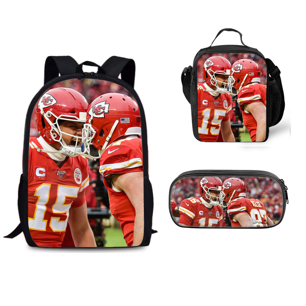 Kansas City Chiefs Football Team Full Printed Backpack Schoolbag Travel Notebook Bag Lunch Bag Pencil Bag for Kids Students 3PCS