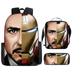 Iron Man Full Printed Backpack Schoolbag Travel Notebook Bag Lunch Bag Pencil Bag for Kids Students 3PCS