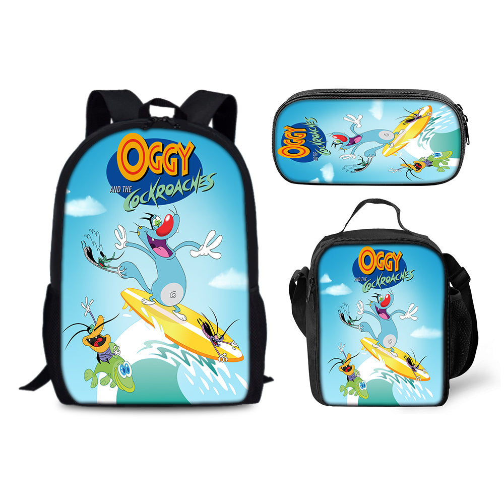 Oggy and the Cockroaches Backpack Schoolbag Lunch Bag Pencil Bag for Kids Students 3PCS