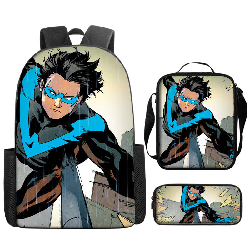 Nightwing Superhero Full Printed Backpack Schoolbag Travel Notebook Bag Lunch Bag Pencil Bag for Kids Students 3PCS