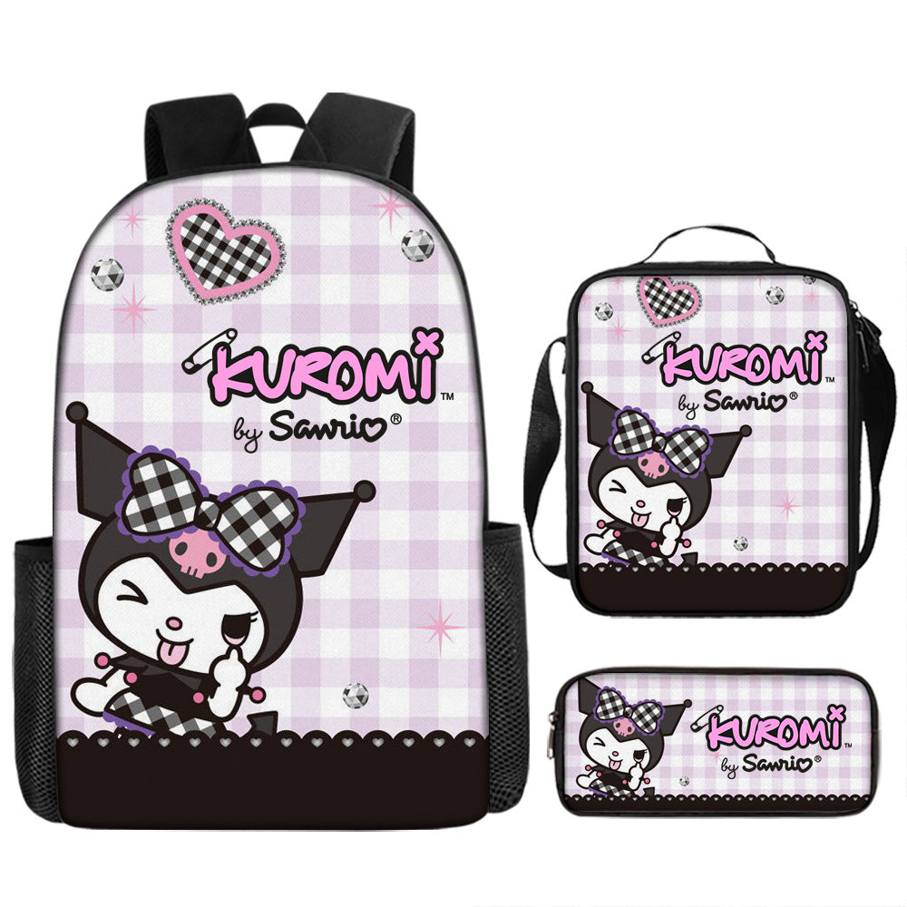 Kuromi Full Printed Backpack Schoolbag Travel Notebook Bag Lunch Bag Pencil Bag for Kids Students 3PCS