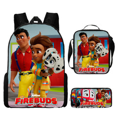 Firebuds Full Printed Backpack Schoolbag Travel Notebook Bag Lunch Bag Pencil Bag for Kids Students 3PCS