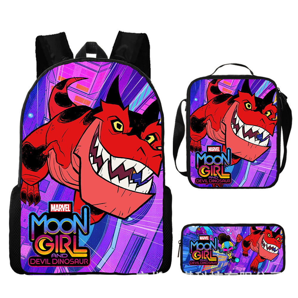 Moon Girl and Devil Dinosaur Full Printed Backpack Schoolbag Travel Notebook Bag Lunch Bag Pencil Bag for Kids Students 3PCS