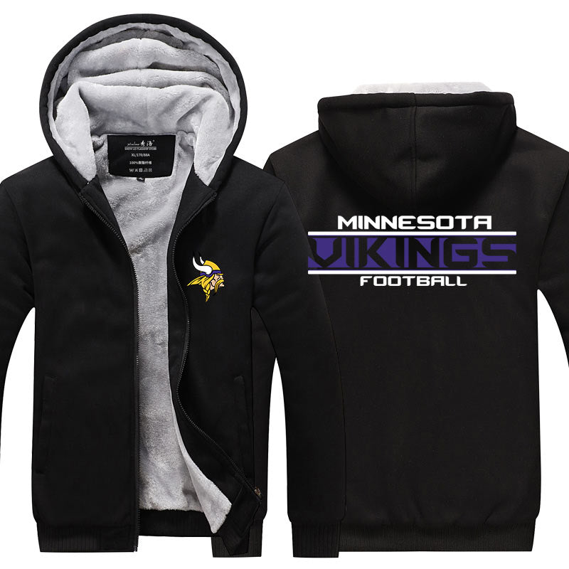 Minnesota Football Team Vikings Unisex Lined Hoodie Fleece Sweatshirt Full Zipper Hooded Thicken Jacket