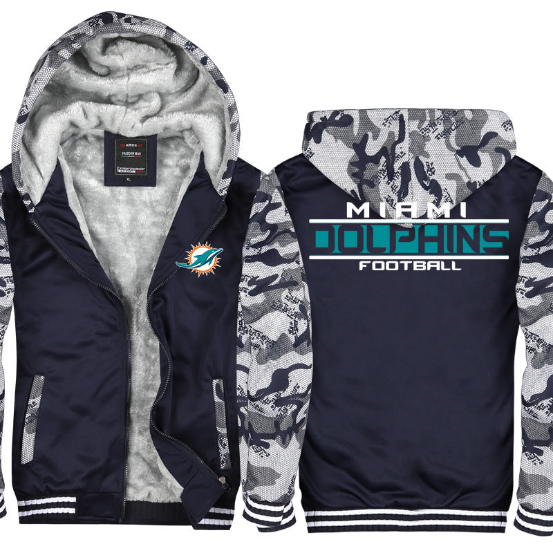 Miami Football Team Dolphins Unisex Lined Hoodie Fleece Sweatshirt Full Zipper Hooded Thicken Jacket