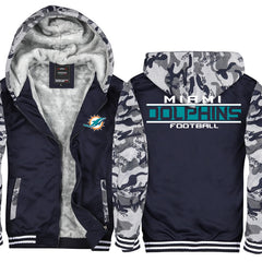 Miami Football Team Dolphins Unisex Lined Hoodie Fleece Sweatshirt Full Zipper Hooded Thicken Jacket