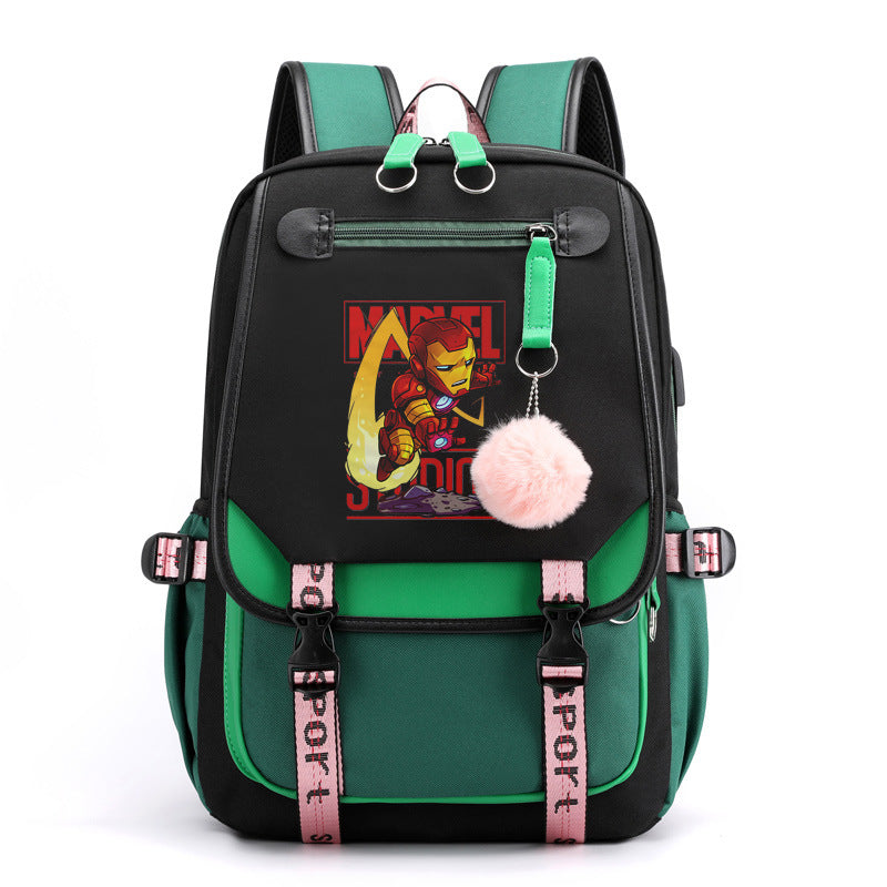 Iron Man Waterproof Backpack School Notebook Travel Bags USB Charging