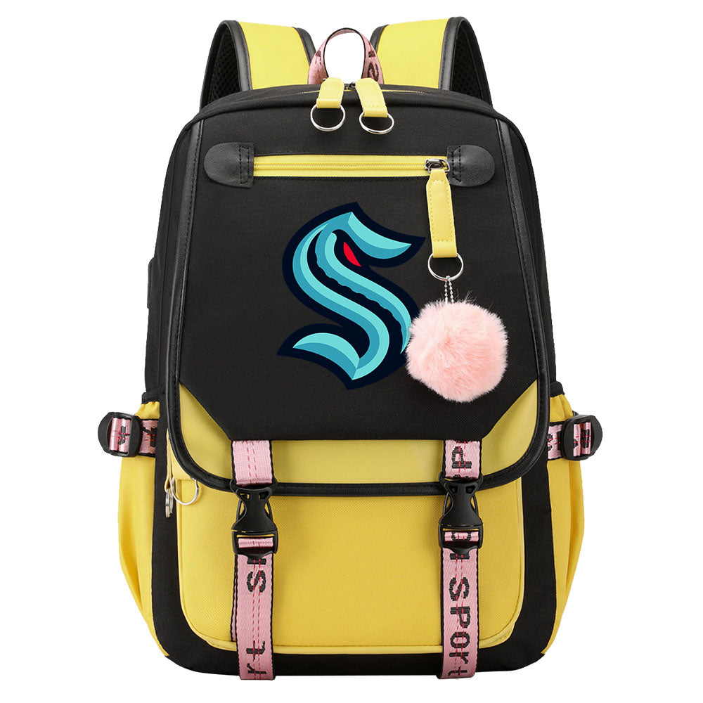 Seattle Kraken Hockey League Waterproof Backpack School Notebook Travel Bag USB Charging