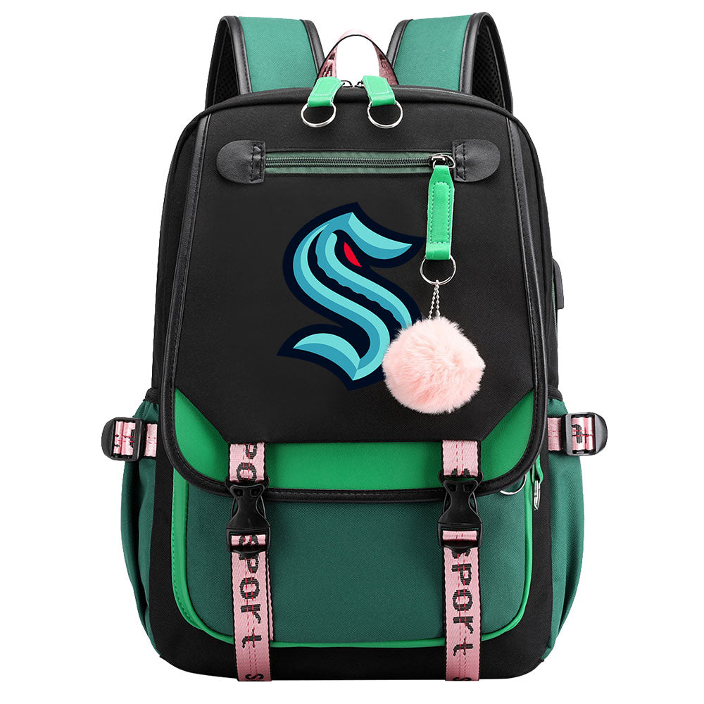 Seattle Kraken Hockey League Waterproof Backpack School Notebook Travel Bag USB Charging