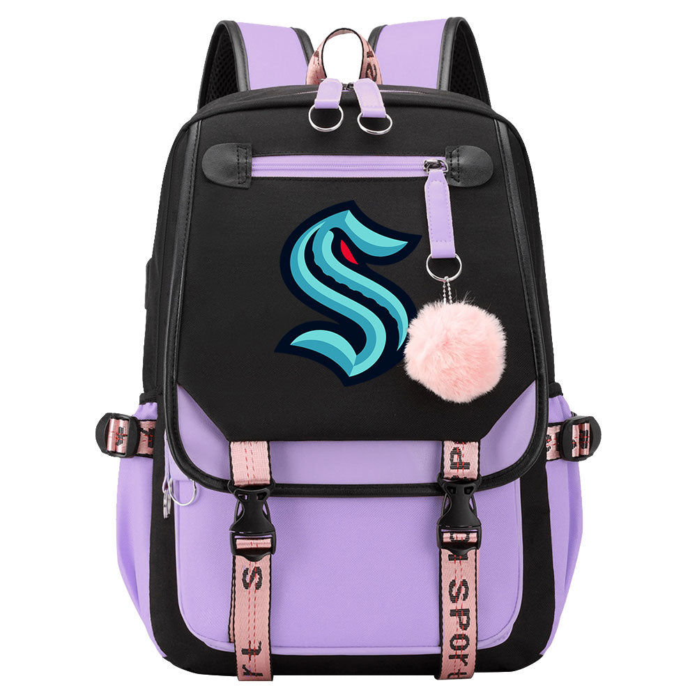 Seattle Kraken Hockey League Waterproof Backpack School Notebook Travel Bag USB Charging
