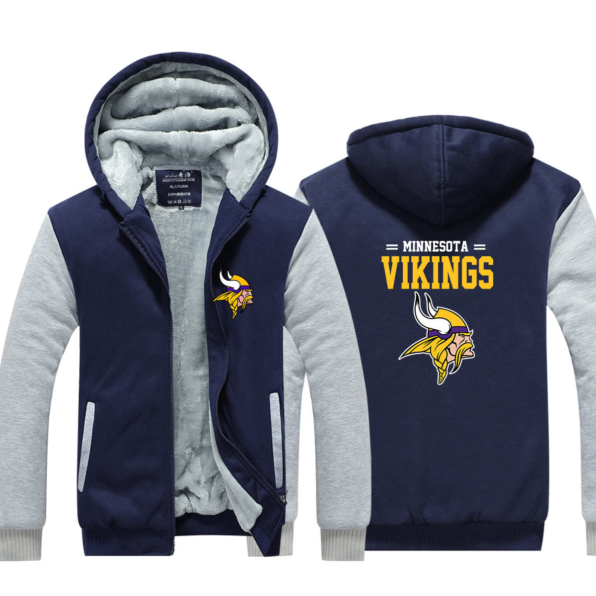 Minnesota Football Vikings Unisex Lined Hoodie Fleece Sweatshirt Full Zipper Hooded Thicken Jacket