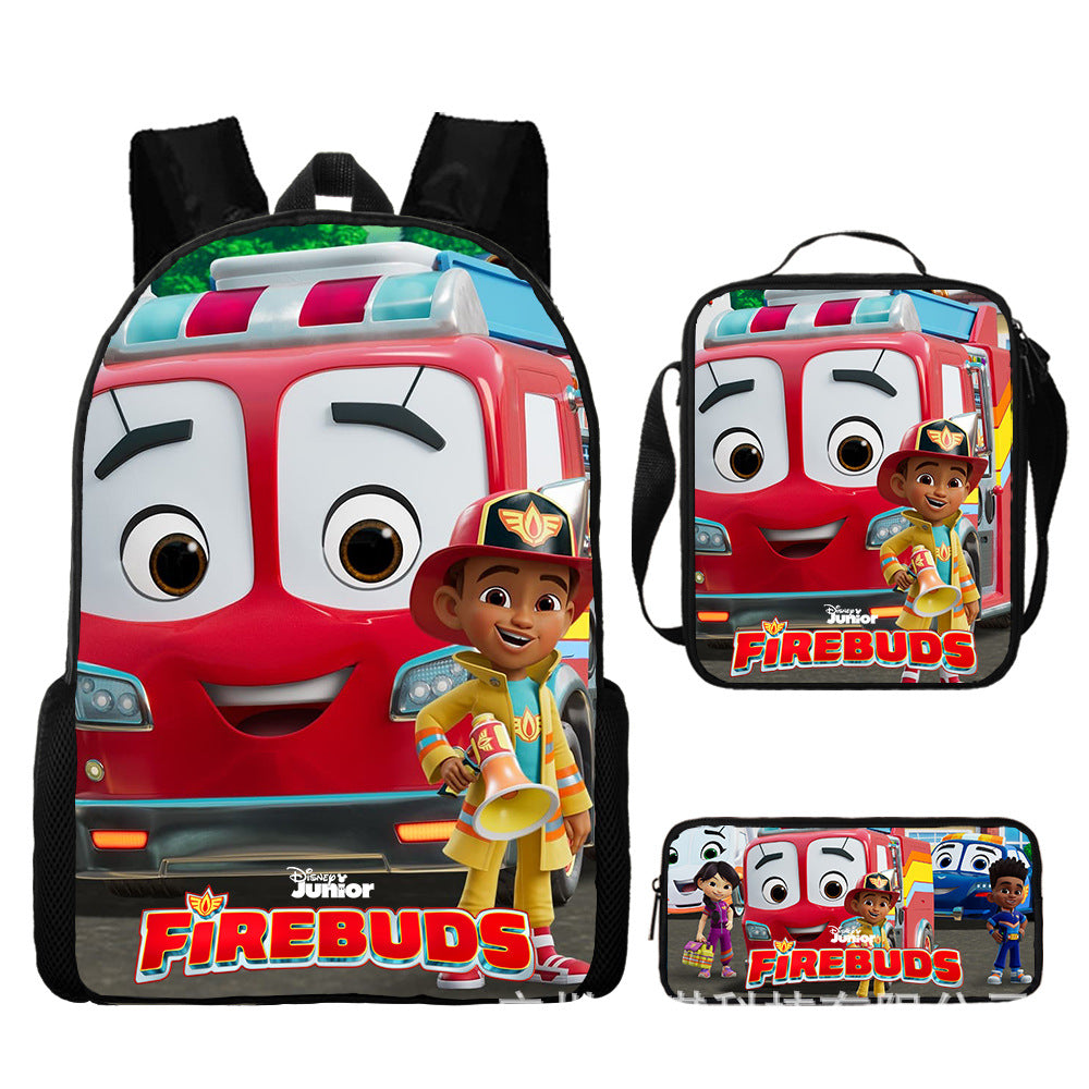 Firebuds Full Printed Backpack Schoolbag Travel Notebook Bag Lunch Bag Pencil Bag for Kids Students 3PCS