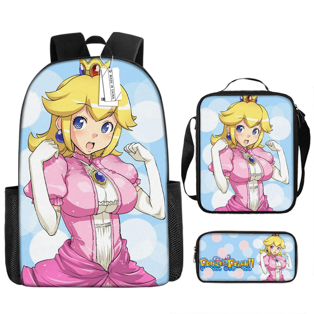 Mario Princess Peach Full Printed Backpack Schoolbag Travel Notebook Bag Lunch Bag Pencil Bag for Kids Students 3PCS