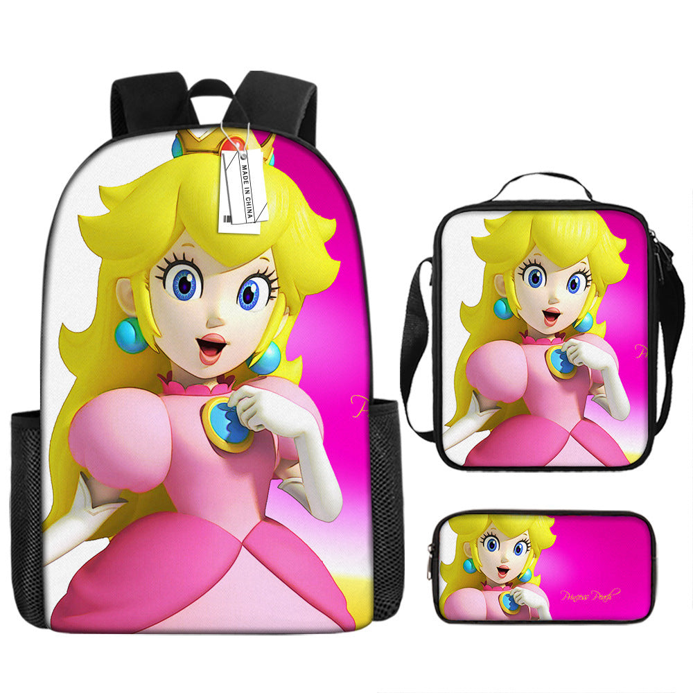 Mario Princess Peach Full Printed Backpack Schoolbag Travel Notebook Bag Lunch Bag Pencil Bag for Kids Students 3PCS