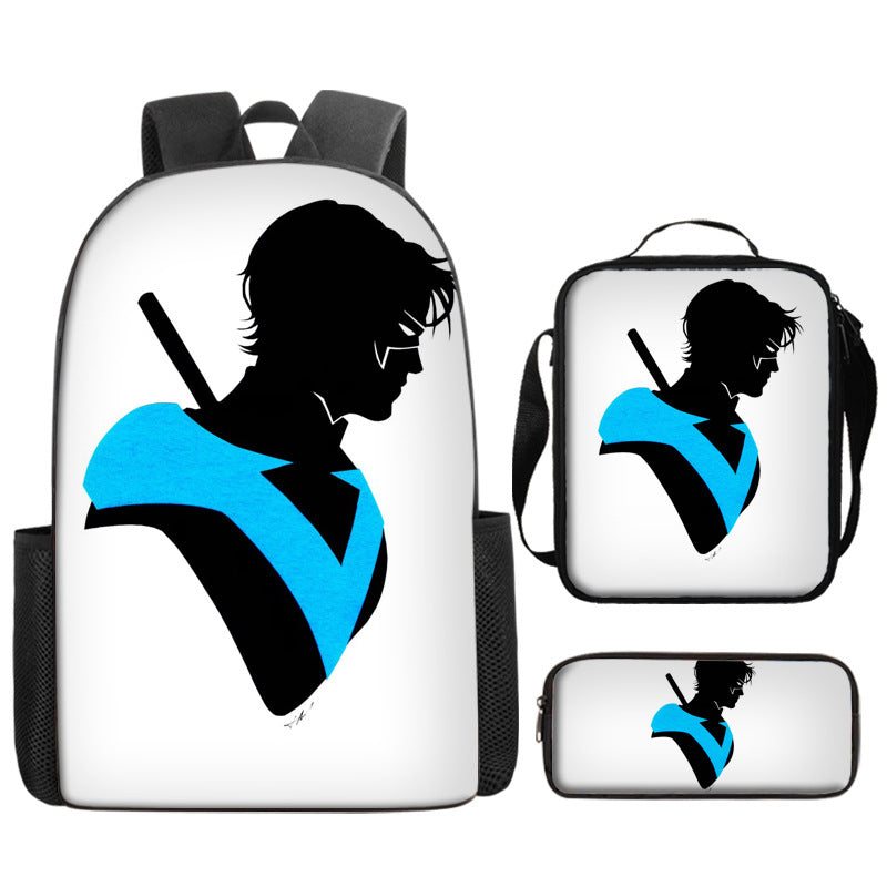 Nightwing Superhero Full Printed Backpack Schoolbag Travel Notebook Bag Lunch Bag Pencil Bag for Kids Students 3PCS