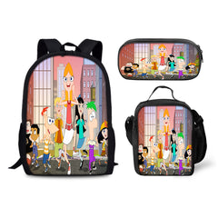 Phineas and Ferb Backpack Schoolbag Lunch Bag Pencil Bag for Kids Students 3PCS